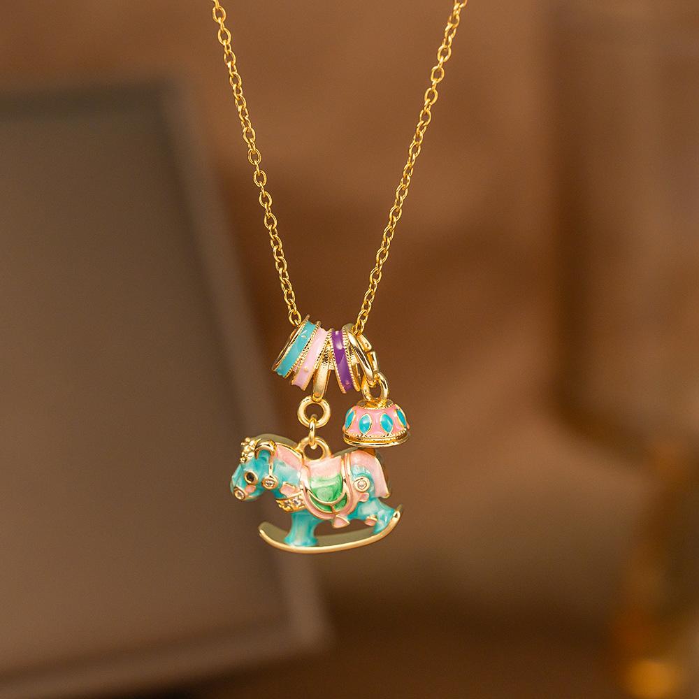 Cute Exquisite Enamel Rocking Horse Donut Pendant Necklace for Women Gold Color Stainless Steel Collar Chain Jewelry Accessories