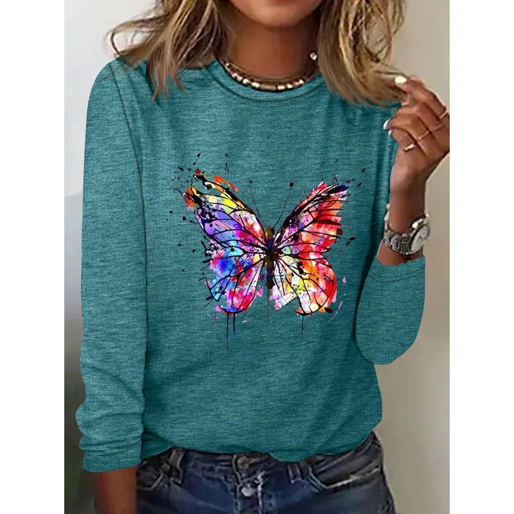 Round Neck 3D Printed Butterfly Pattern Top Fashionable Casual Long Sleeved Women's T-shirts
