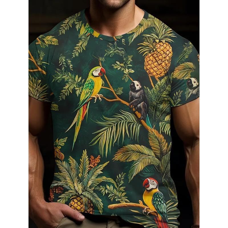 Men's Hawaiian Tropical Flower Print T-shirt Sports Short Sleeved Crew Neck T-shirt for Summer Outdoor Fitness Workout Men's Clothing