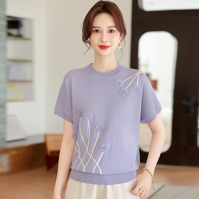 

Stylish Knitted Short Sleeve Round Neck Top for Middle-Aged Women XL (100-110 jin)