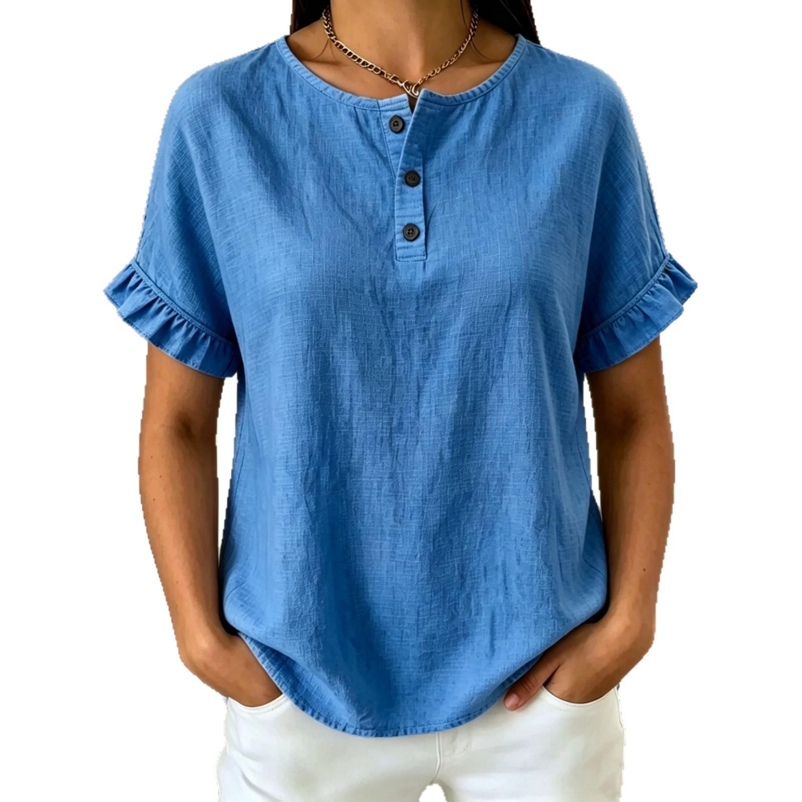 

Women s Short Sleeve Round Neck Button Detail Blouse with Ruffle Sleeves Multi Colors S синий