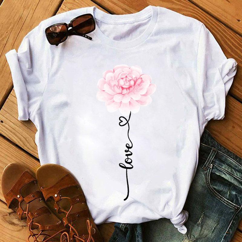 New Fashion Women Black T Shirt Friends Gift Flower Love Print Cute Tee Shirt Female Harajuku Tops Woman Short Sleeve T -Shirts