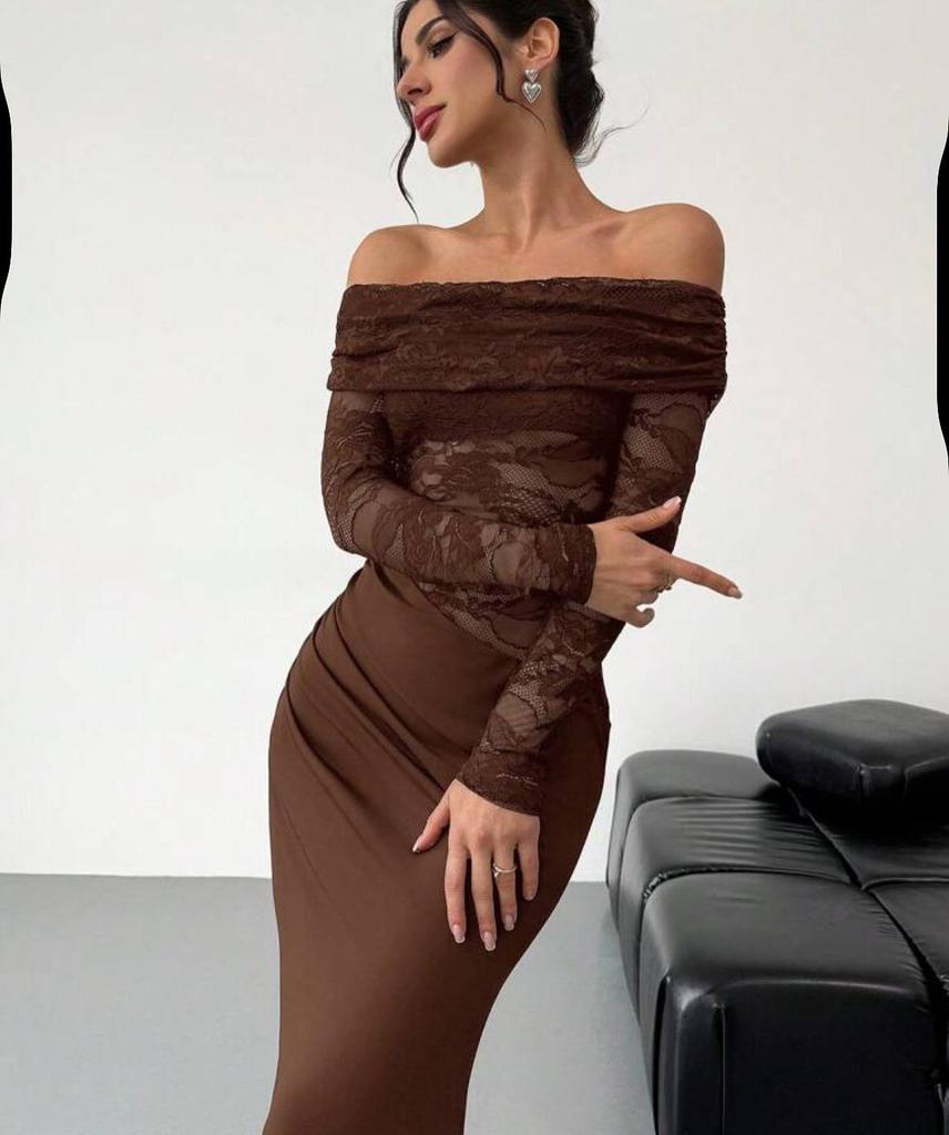 European & American Off-Shoulder Lace Long-Sleeve Dress - Sexy, High-End, Hip-Hugging Summer Style