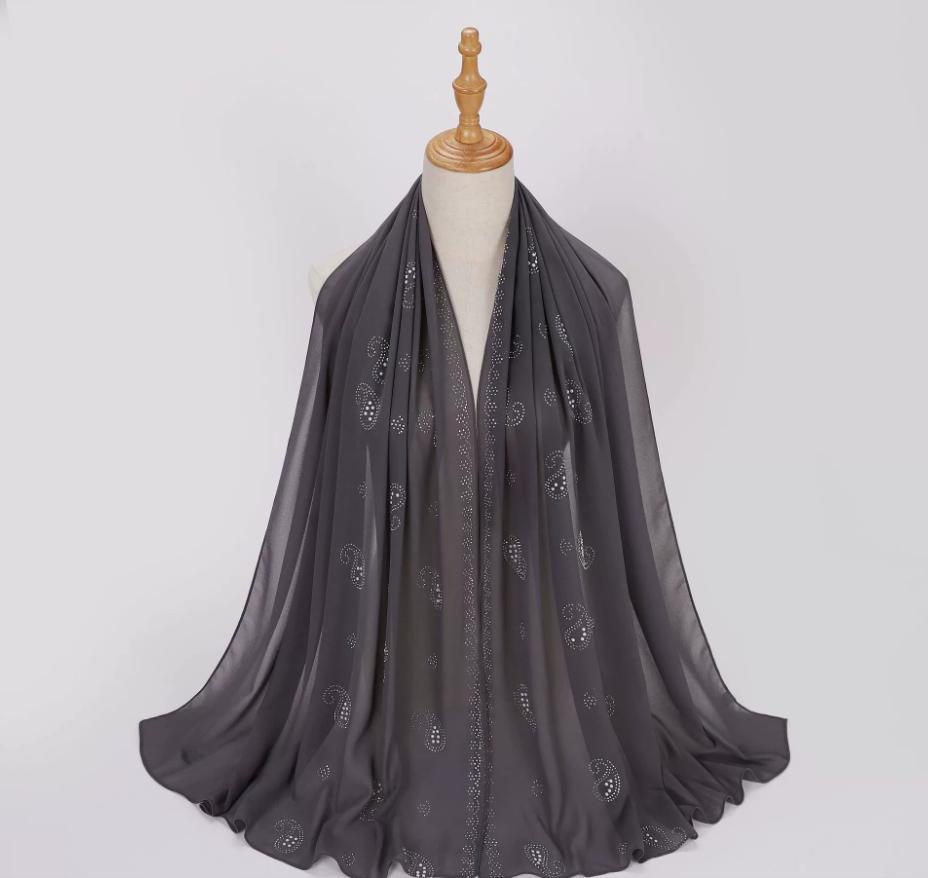 Fashion Muslim Chiffon Hijab With Rhinestones Diamonds Solid Headscarf Wraps Ramadan Islam Scarf For Women Turban Headband