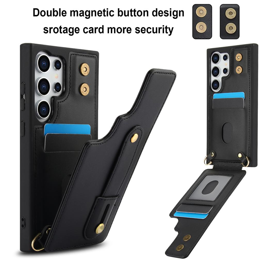 For Samsung Galaxy S25 Ultra Deksel Støttefot Kortlommer Lærbelagt TPU-deksel med Skulderstropp