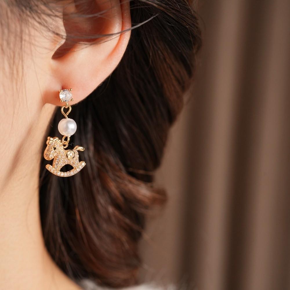 Cartoon Horse New Year Horse Earrings Zircon Horse Mascot Drop Earrings Gold Pony Earrings Women