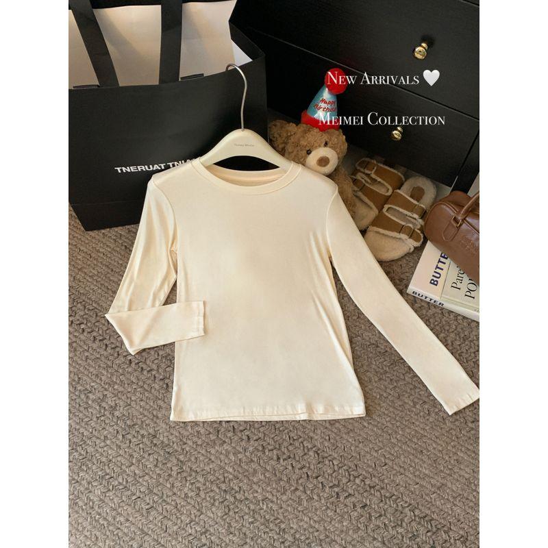 Simple Basic Pure Color All-Matching round Neck Pullover Long Sleeves T-shirt Female Autumn Soft Glutinous Inner Bottoming Shirt Ins Tops