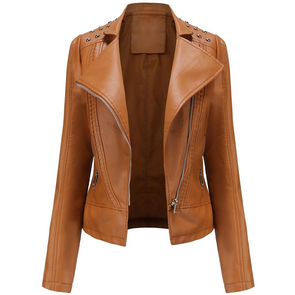 Women Faux Leather Jacket Moto Biker Short Coat PU Motorcycle Racer Lapel Collar Crop Blazer Punk Rock Stylish Outwear with Rivets Fashion Tops Outfit