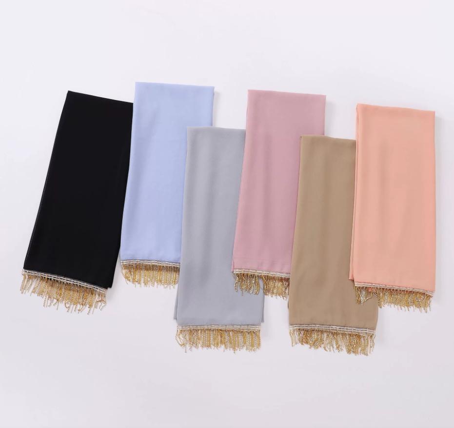 Fashion Muslim Chiffon Hijabs With Chains Diamonds Glitter Shimmer Long Shawls Headscarf Wraps Islamic Headband Turban Scarves