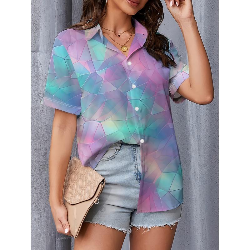 Women's Buttoned Short Sleeve Shirt Elegant Casual Minimalist Unique Colorful Radiating Collar Flattering Figure Stand Out