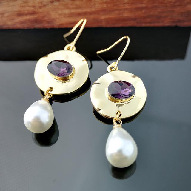 Wholesale Fashion Gold Disc Imitation Pearl Long Earrings Ladies Korean Style Red Rhinestone Drop Dangle Earring For Women