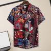 Men Beach Shirt Colorful Geometric Print Short Sleeves Buttons Turn-down Collar Cooling Loose Vintage Ethnic Men Shirt Men Clothes
