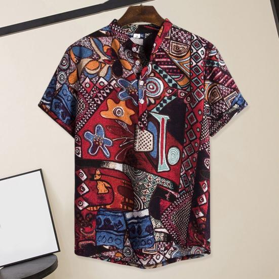 Men Beach Shirt Colorful Geometric Print Short Sleeves Buttons Turn-down Collar Cooling Loose Vintage Ethnic Men Shirt Men Clothes