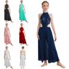 Costume de Danse Latine Tout-en-Un pour Enfants: Combinaison Top Halter Pailleté Brillant, Sans Manches Dos Nu avec Jupe d'Entraînement Intégrée