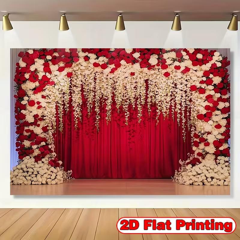 2D Red Curtain Wedding Backdrop with Red & White Flowers Background Cloth 47.2x31.5inch/120*80cm