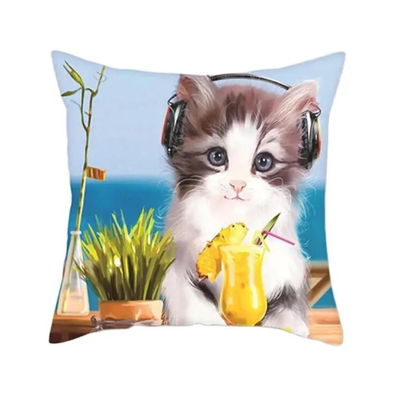 Cushion Cover Cute Cat Pattern Square Pillowcase Zipper Birthday Gift Sofa Home Hotel Decoration 45*45Cm