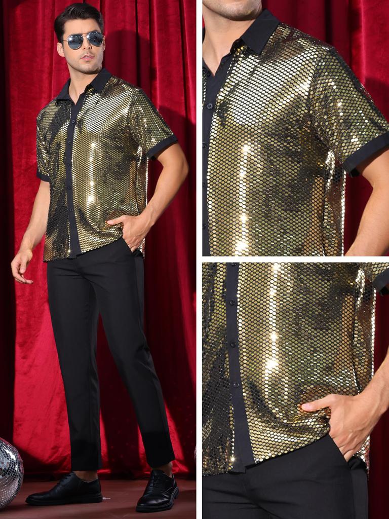 Lars Amadeus Metallic Sequin Short Summer Shiny Top for Disco and Party Size L Men's Shirt, Sleeve, Button-Down Shirt, Wear, Golden,