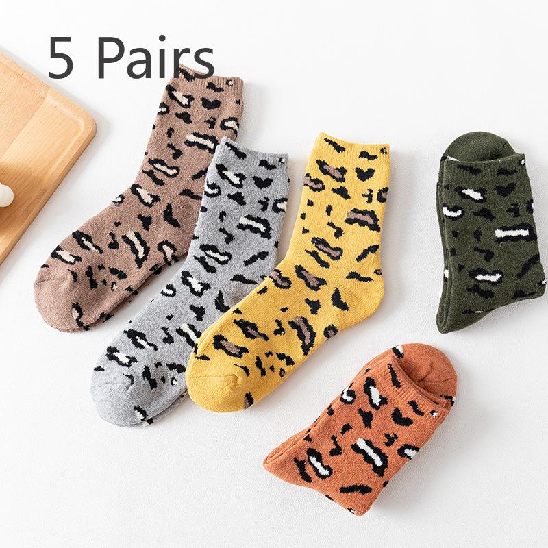 

5 Pairs of New Women s Autumn and Winter Thickened Leopard Print Warm Rabbit Wool Mid Calf Socks 5 Pairs