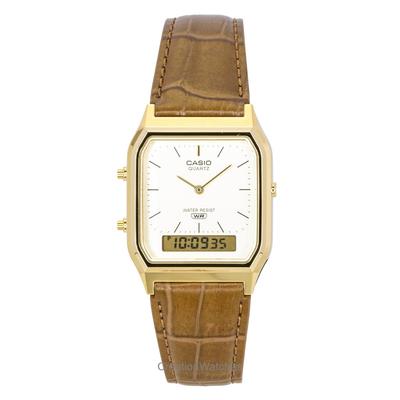 Vintage Analog Digital Leather Strap Gold Dial Quartz AQ-230EGL-9A Unisex Watch