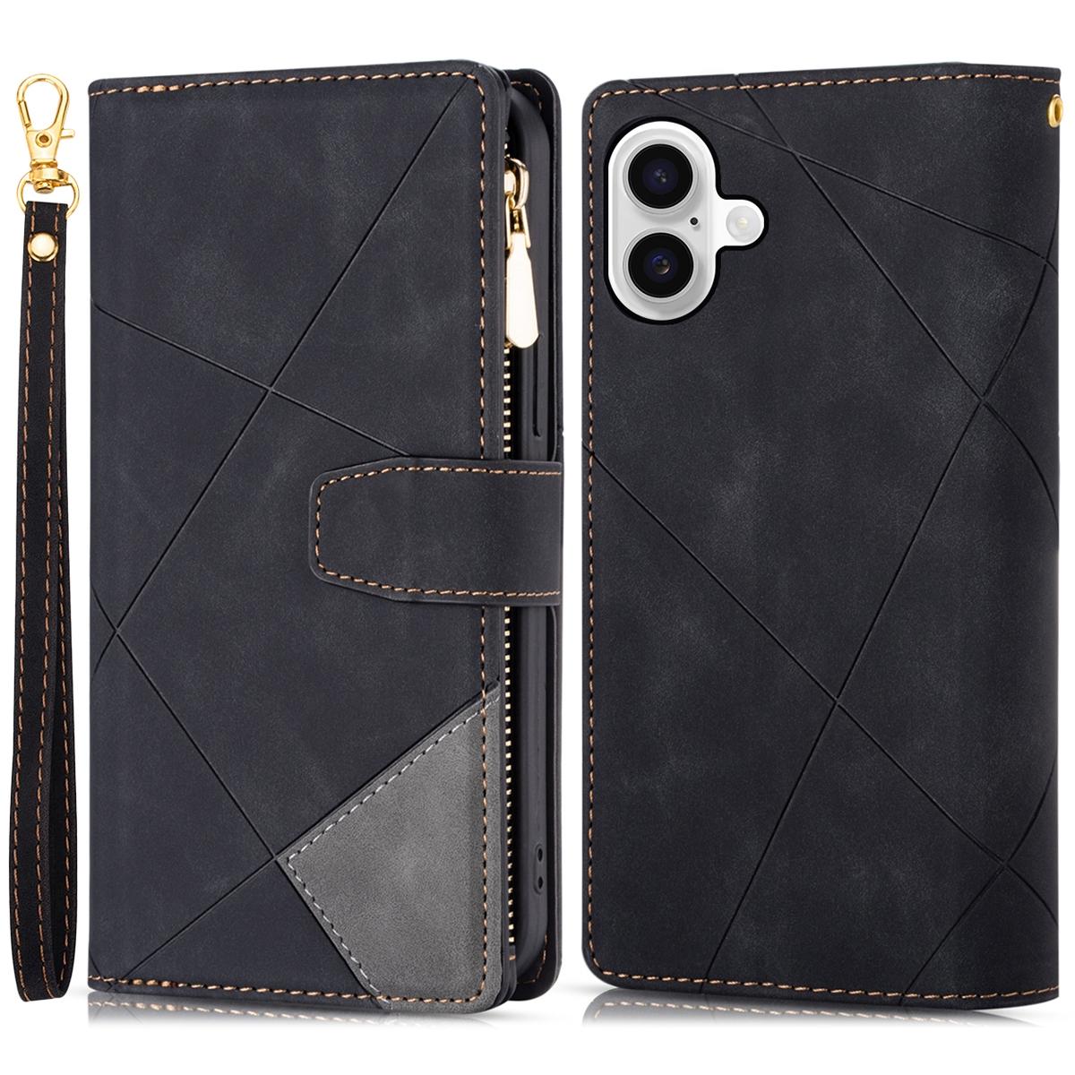 

For iPhone 16 Plus Wallet Case Color Splicing Leather Phone Cover with Stand Black