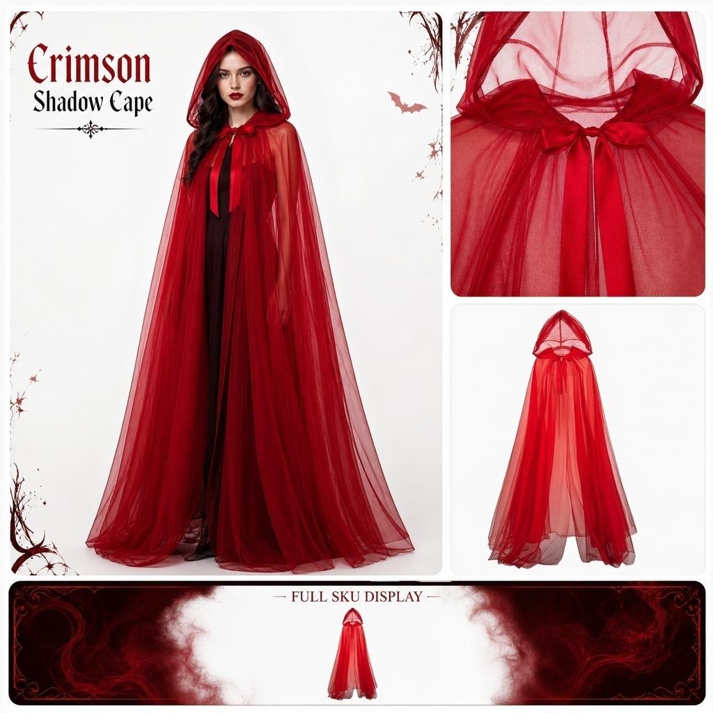Halloween Long Hooded Net Cape for Women, Cosplay Costume Cloak, Dark Cloak