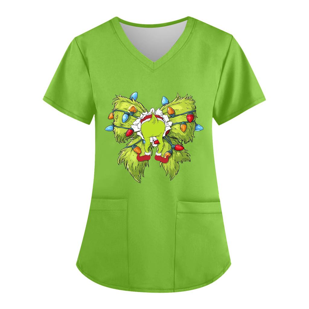 Women's V-neck Christmas Print Short-sleeved Pocket Side Slit Uniform Top