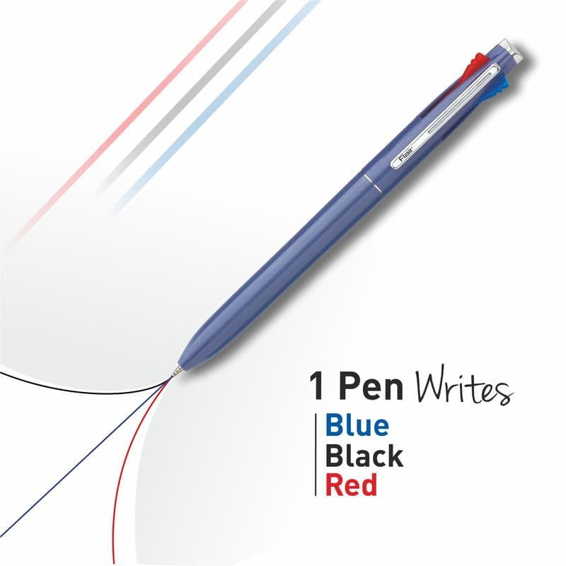 FLAIR 3 in 1 Retractable Ball Pen Pack of 5, Multi Color Ink Pen Blue Black Red for Office School Writing Smooth Use