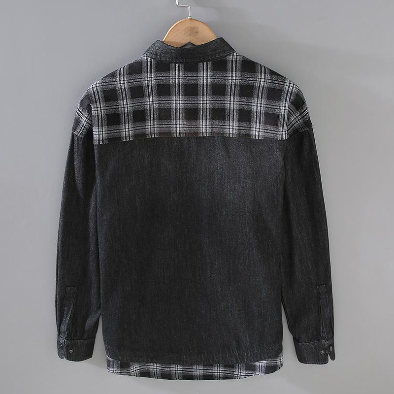 Frühlings-/Herbst-Freizeit-Denimhemden aus reiner Baumwolle für Herren Streetwear Zwei gefälschte Teile Karopatchwork Lockere Hemden Gewaschenes schwarzes Jeanshemd