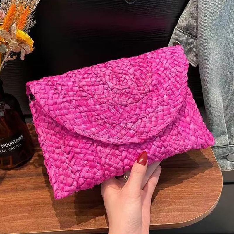 Fashion Beach Purse Women Summer Beach Bag Envelope Woven Clutch Solid Color Large Capacity Storage Bag Corn Husk Straw Hand Bag