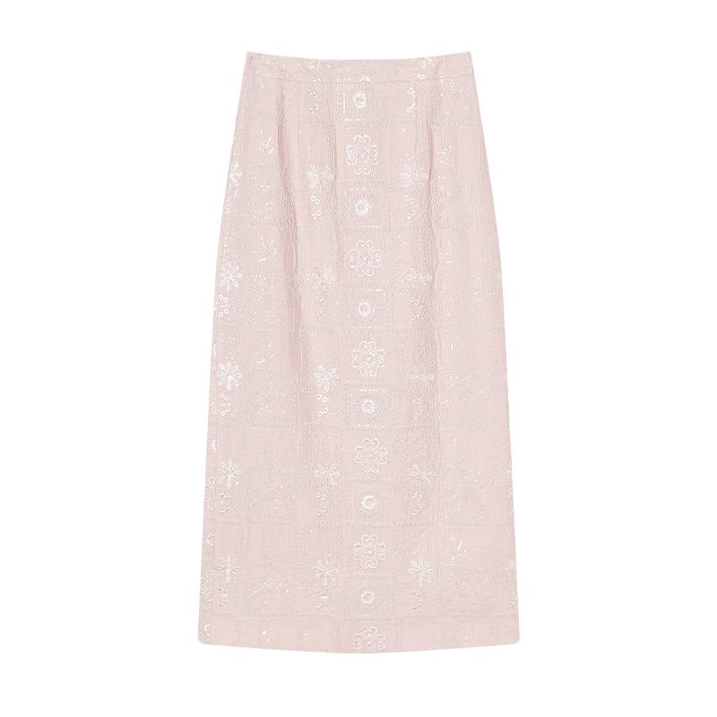 Xiangying French Style Embroidered High-Waist Straight Skirt S