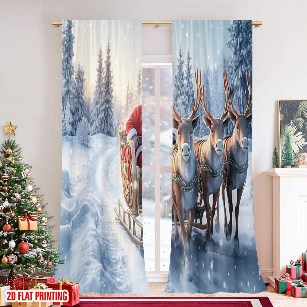 2pcs 2D flat printing Christmas Curtains Santa Claus_ sleigh and reindeer Digital Printed Polyester Drapes Festive Curtains for