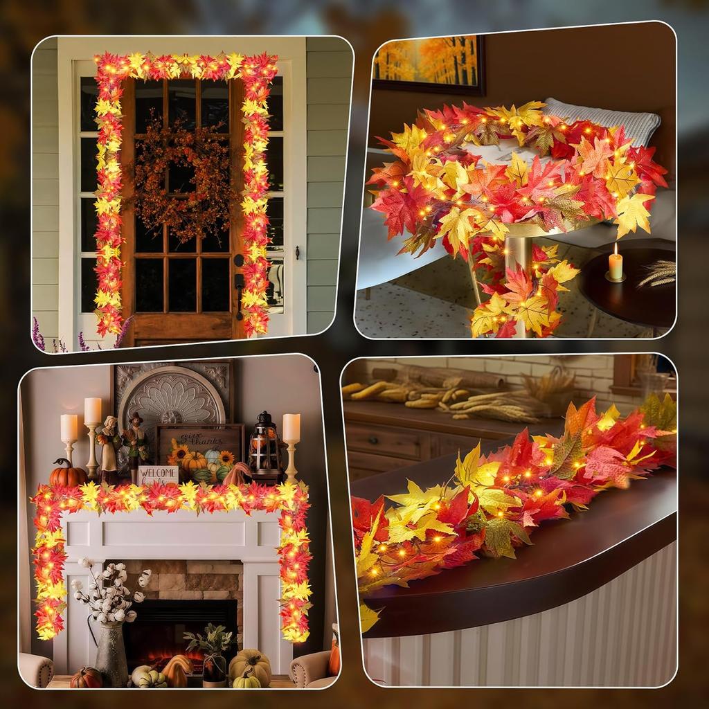 Thanksgiving Decorations for Home Large Maple Leaves 9Ft Plug in Thanksgiving Garland with Lights 50 Orange Bulbs UL Certified Connectable Fall