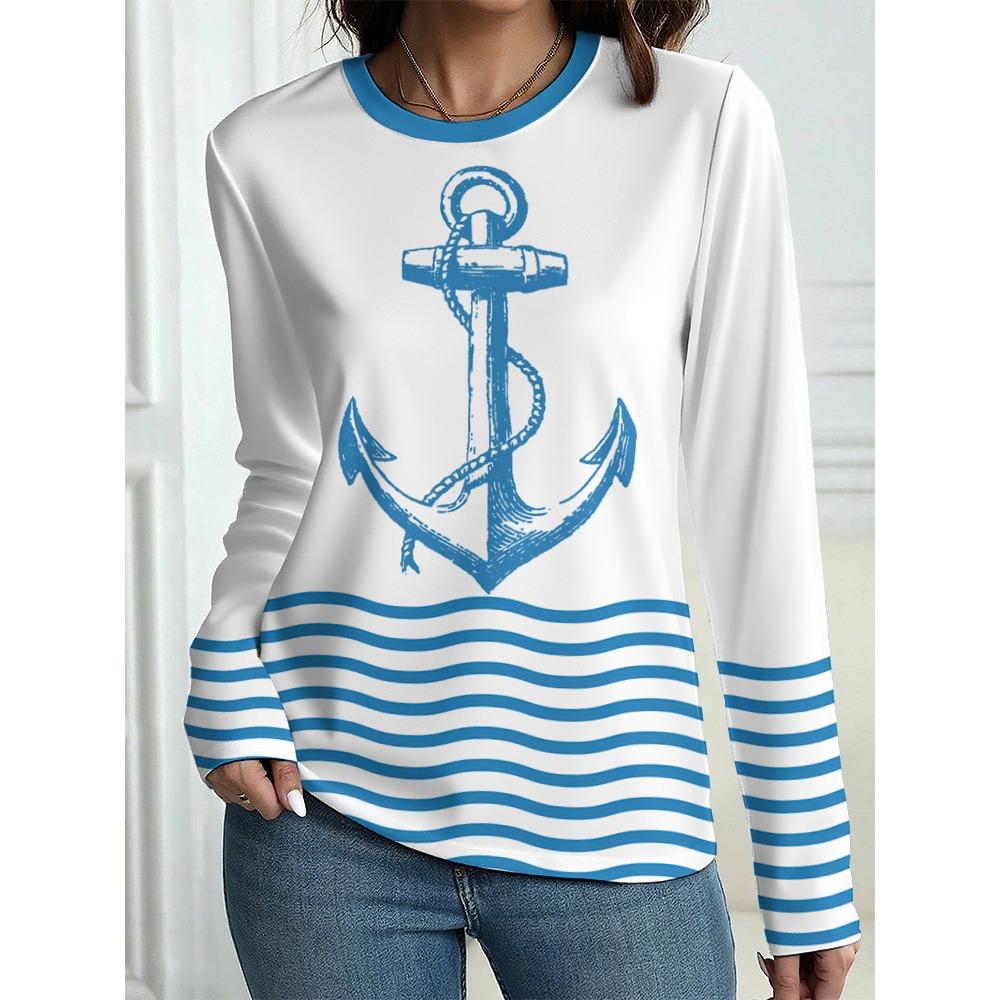 Damen T-Shirt Outdoor Freizeit Langarm Gestreift Anker Muster 3D Druck Oberteile Straße Rundhals Herbst Übergroß Kleidung