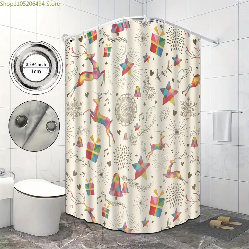1pc Christmas Print Waterproof Perforated Shower Curtain Shower Partition Privacy Multi Size with 12 Hooks for Easy Installati