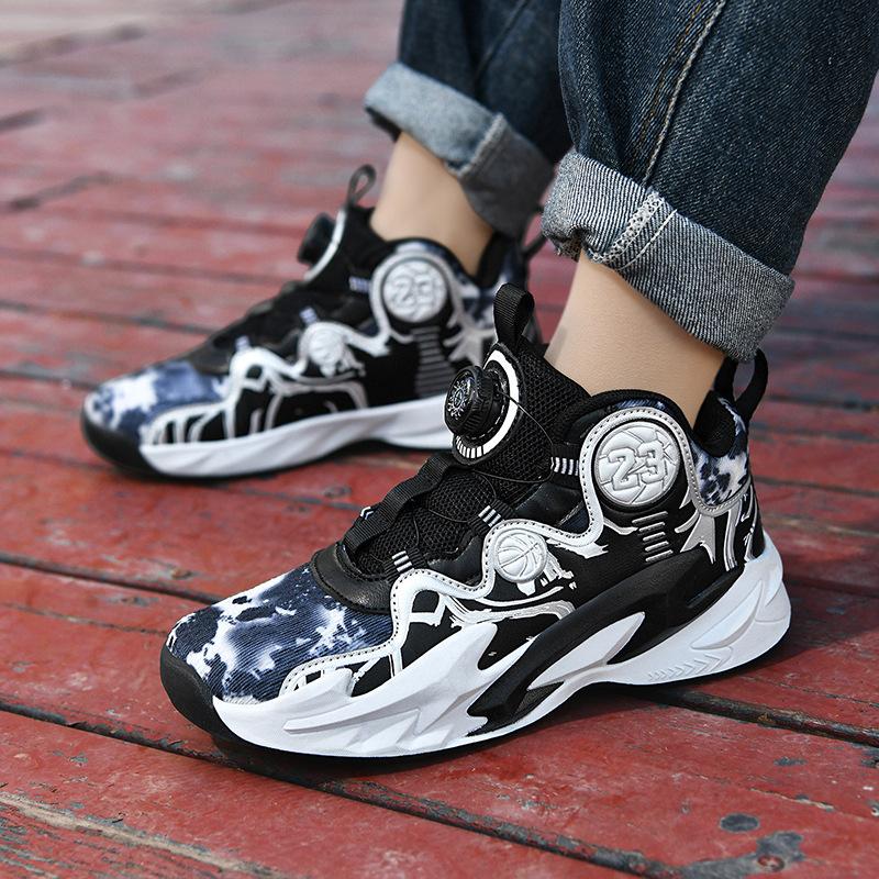 Net Shoes Spring and Autumn Actual Combat Boys Basketball Shoes Rotating Button Training Sneakers Running Shoes 6-12 Years Old