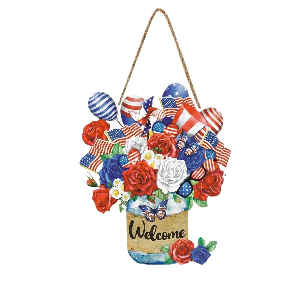 Independence Day Themed Hanging Wooden Wall Decor Door Hanger with Welcome Sign and Floral Design for Holiday Home Decoration