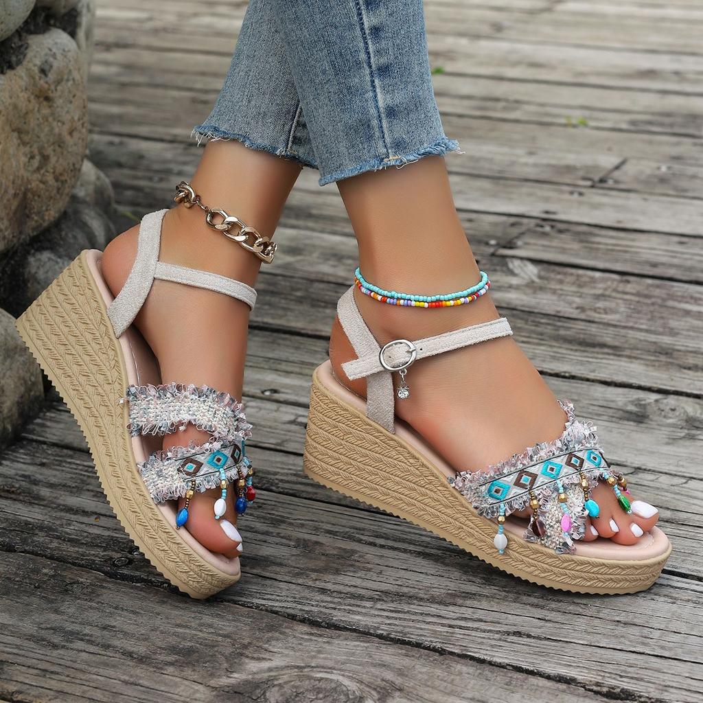 Letní sandály s křížovými pásky ve velkých velikostech, etnický styl, módní obuv, klínkový podpatek, sandály na silné podrážce