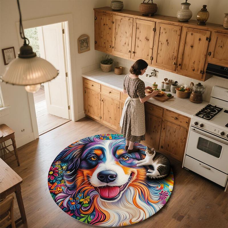 Colorful Dog,Round Area Rug,Carpet Rug for Living Room Bedroom Sofa Playroom Decor,Non-slip Floor Mat
