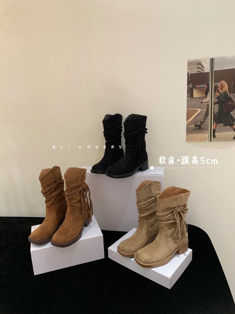 Grape mother of the same style, height increased by 5cm~ wasteland wind fringed braided belt thick heel pile medium and high boots women's Egyptian 