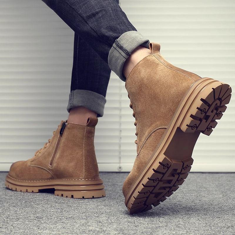 Men's Genuine Leather High-Top Martin Boots: Winter, Velvet-Lined, British Retro Style in Big Yellow, Versatile and Casual Workwear.