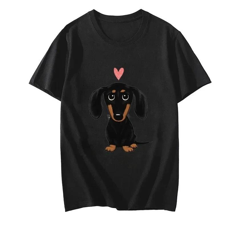 Black and Brown Sausage Dog with Heartshaped Retro Y2K Fun Women Tshirt Cute Cartoon Wiener Dog Fashionable Tshirt Casual Top S