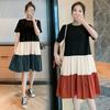 Korean Version of T-shirt Dress Splicing Contrasting Color Schoolgirl Loose Large Size Fashion Foreign Style Medium and Long Knee Skirt Summer