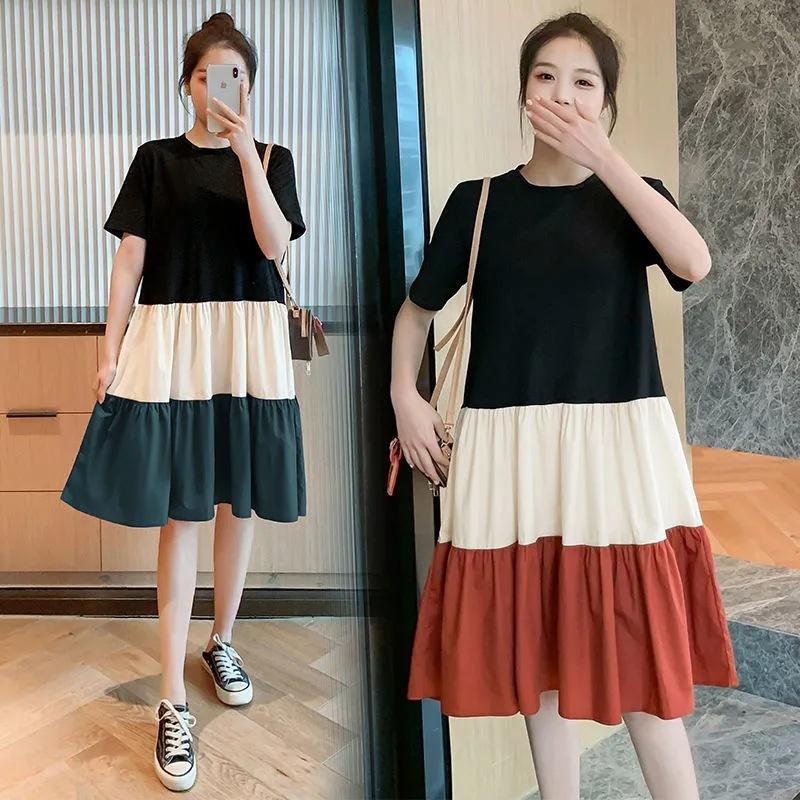 Korean Version of T-shirt Dress Splicing Contrasting Color Schoolgirl Loose Large Size Fashion Foreign Style Medium and Long Knee Skirt Summer