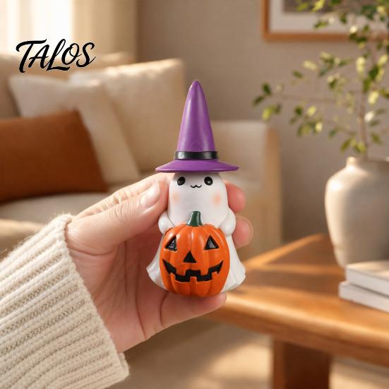Ambient Autumn Night Lamp Ghost Light, Resin Figurine with Witch Hat Glowing Pumpkin Bucket, Warm Home Table Centerpiece LED Amber Lamp, Farmhouse