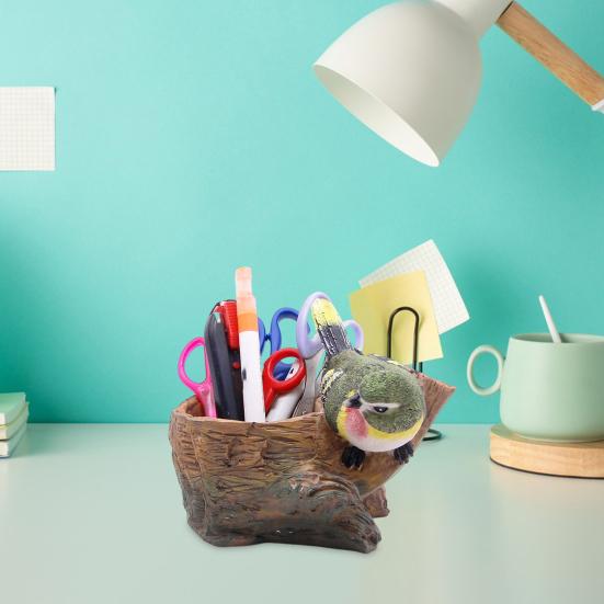 Simulated Bird Pen Holder Resin Stump Bird Stationery Pencil Stand