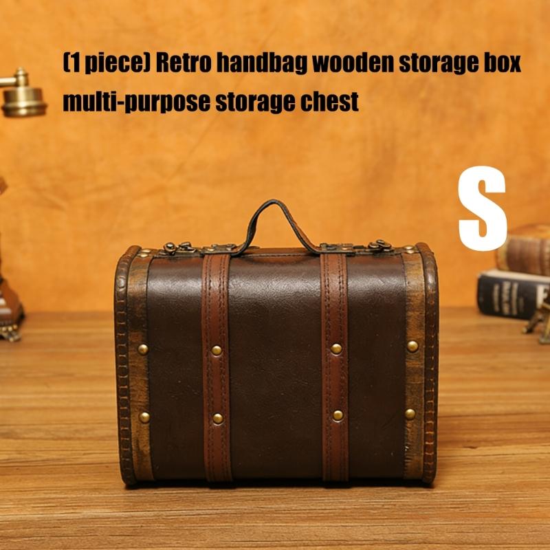 Wooden Trunk Faux Leather Handle Carrying Case Portable Storage Container For Jewelry Cosmetics And Collectibles