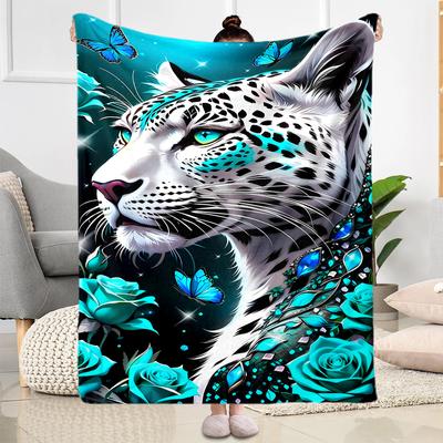 Blue Rose Leopard Portrait Blanket Suitable for Offices, Travel, Living Rooms Also a Good Gift for Friends and Family Suitable for All Seasons.