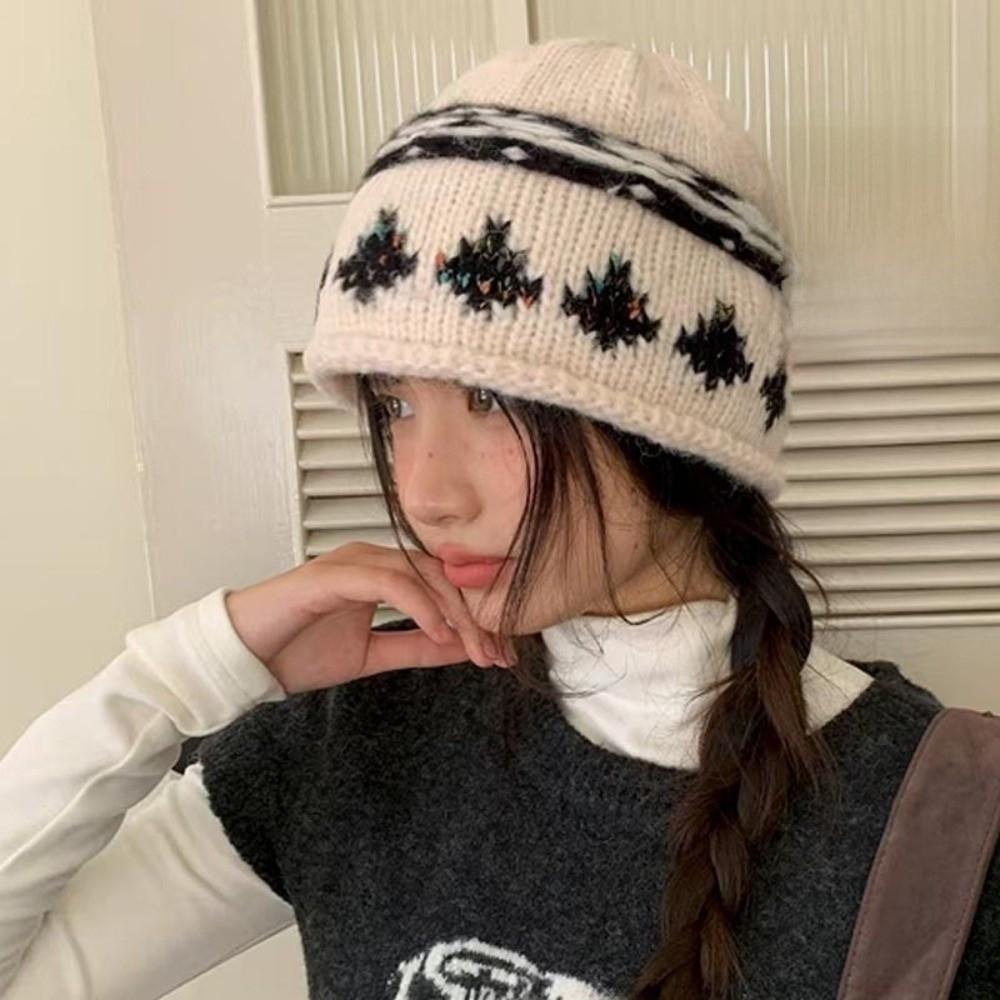Knitted Retro Beanie Hat Warm Winter Cold Hat Vintage Style Jacquard Knitted Hat  Winter