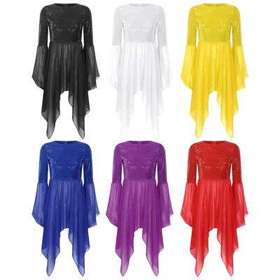 Damen Glitzer Pailletten Liturgisches Tanzkleid Patchwork Anbetungs Tunika Rundhals Ausgestellter Ärmel Asymmetrischer Saum Kleid