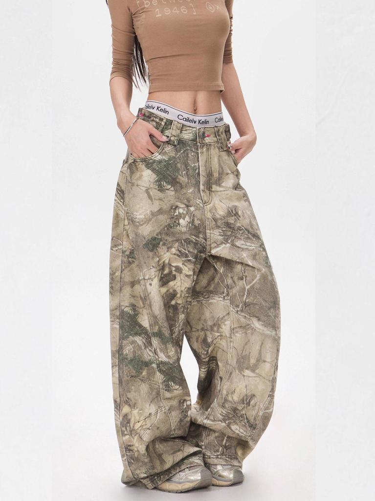 Men's Retro Camo Embroidered Straight-Leg Jeans - High-Design Streetwear, Floor-Length Wide-Leg Pants